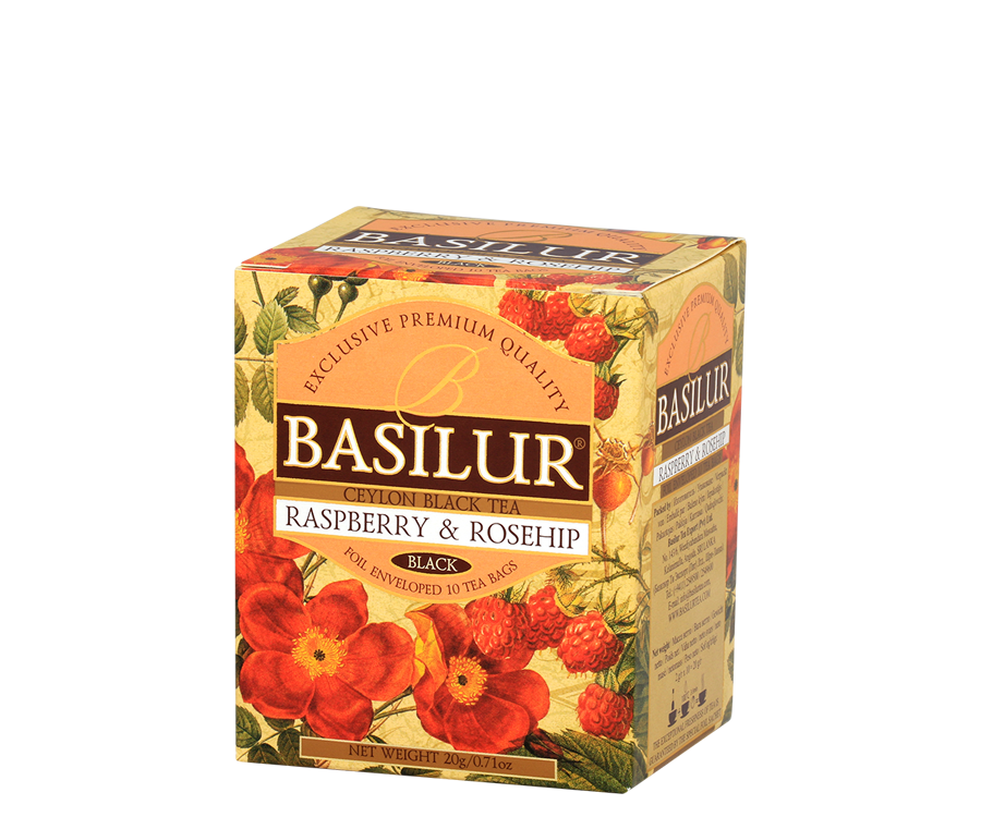 Basilur Raspberry & Rosehip - czarna herbata cejlońska z dodatkiem owoców dzikiej róży oraz aromatem malinowym. Ozdobne opakowanie z kwiatowo-owocowym motywem.