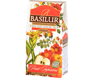 Basilur Red Hot Ginger - owocowa herbata bezkofeinowa z dodatkiem hibiskusa, owoców dzikiej róży, jabłka, papai, imbiru, skórki pomarańczy i aromatu imbiru. Ozdobne opakowanie z owocowo-kwiatowym motywem.