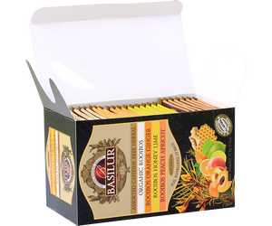 Basilur Rooibos Assorted - zestaw 4 smaków herbat z kolekcji Rooibos w ozdobnym pudełku z botanicznym motywem.