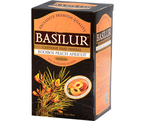 Basilur Rooibos Peach Apricot - herbata rooibos z dodatkiem hibiskusa, owoców dzikiej róży, skórki cytryny i rumianku oraz aromatu brzoskwini. Ciemne, ozdobne pudełko z botanicznym motywem.