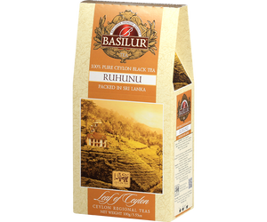 Basilur Ruhunu - czarna herbata cejlońska bez dodatków, liściasta. Pomarańczowe pudełko z górskim motywem.