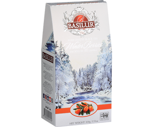 Basilur Sea Buckthorn - czarna liściasta herbata cejlońska z dodatkiem owoców rokitnika zwyczajnego, chabru oraz aromatem rokitnika. Ozdobne opakowanie z zimowym motywem.