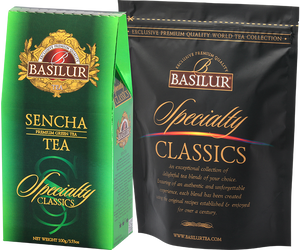 Basilur Sencha - zielona herbata liściasta Sencha w ozdobnym, zielonym pudełku z logo Basilur.