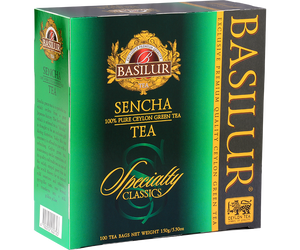 Basilur Sencha - zielona herbata cejlońska Sencha. 100 torebek w ozdobnym, zielonym pudełku.
