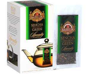 Basilur Sencha Big Bag - zielona herbata cejlońska w dużych torebkach kopertowych. Ozdobne, białe pudełko z logo Basilur.