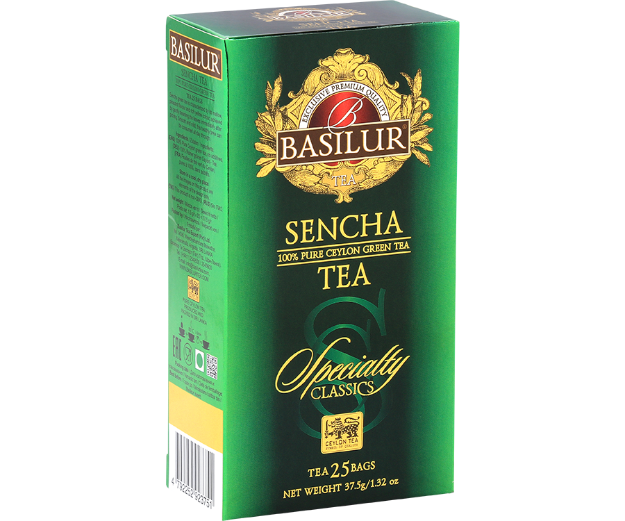 Basilur Sencha - zielona herbata cejlońska Sencha w biodegradowalnych torebkach. Ozdobne, zielone pudełko z logo Basilur.