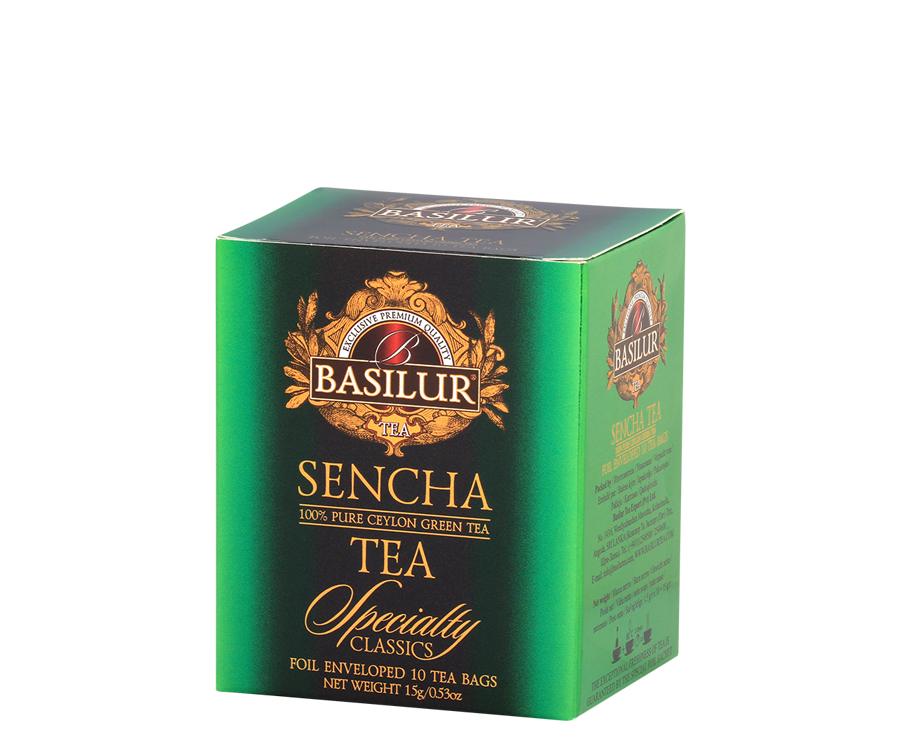Basilur Sencha - zielona herbata cejlońska Sencha w kopertach. Ozdobne, zielone pudełko z logo Basilur.