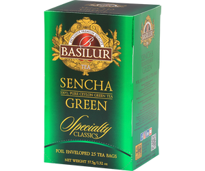 Basilur Sencha - zielona herbata cejlońska w torebkach kopertowych. Ozdobne, zielone pudełko z logo Basilur.