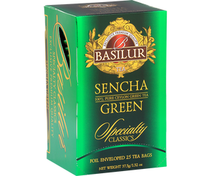 Basilur Sencha - zielona herbata cejlońska w torebkach kopertowych. Ozdobne, zielone pudełko z logo Basilur.