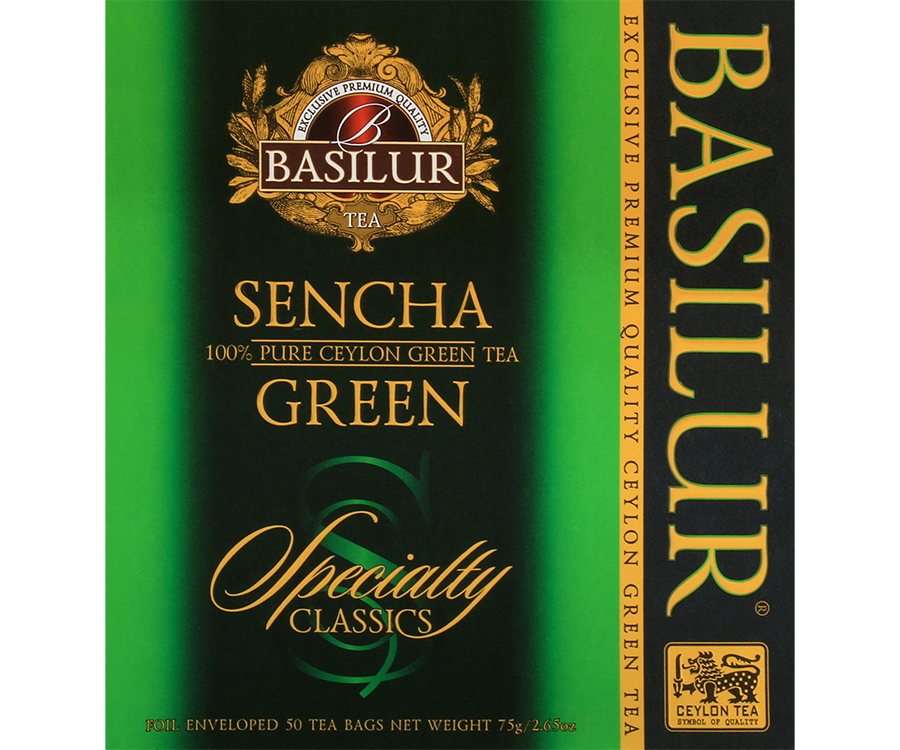 Basilur Sencha - zielona herbata cejlonska Sencha w ozdobnej, zielonej kopercie.