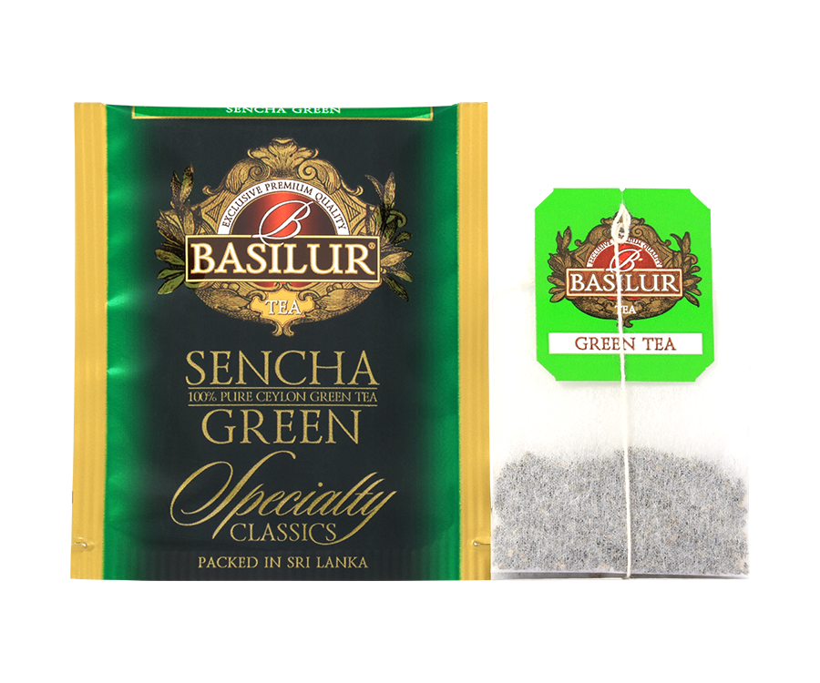 Basilur Sencha - zielona herbata cejlonska Sencha w ozdobnej, zielonej kopercie.
