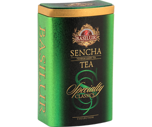Basilur Sencha - zielona herbata liściasta Sencha w ozdobnej, zielonej puszce z logo Basilur.