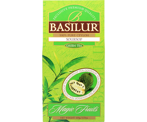 Basilur Soursop - zielona herbata cejlońska z dodatkiem gravioli, kiwi oraz naturalnym aromatem gravioli. Zielone opakowanie z owocową grafiką.
