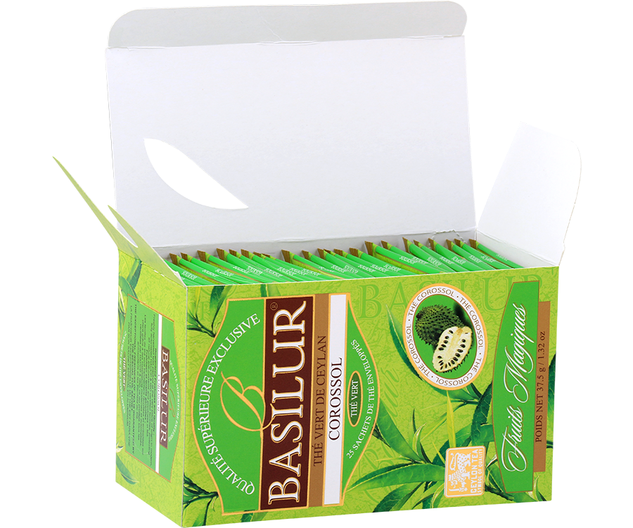 Basilur Soursop - zielona herbata cejlońska z dodatkiem naturalnego aromatu flaszowca miękkociernistego (Soursopa). Zielone opakowanie z owocową grafiką.