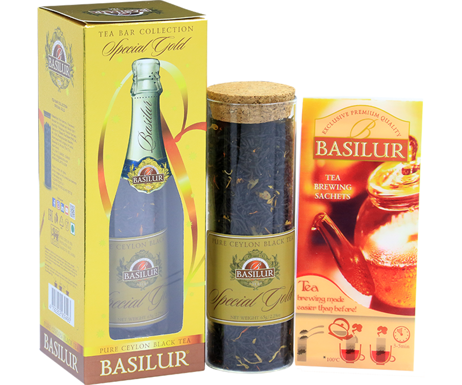 Basilur Speccial Gold - czarna herbata cejlońska z dodatkiem mango, nagietka, krokoszu barwierskiego oraz aromatu kawy, wanilii i śmietanki. Ozdobne opakowanie z grafiką butelki szampana.