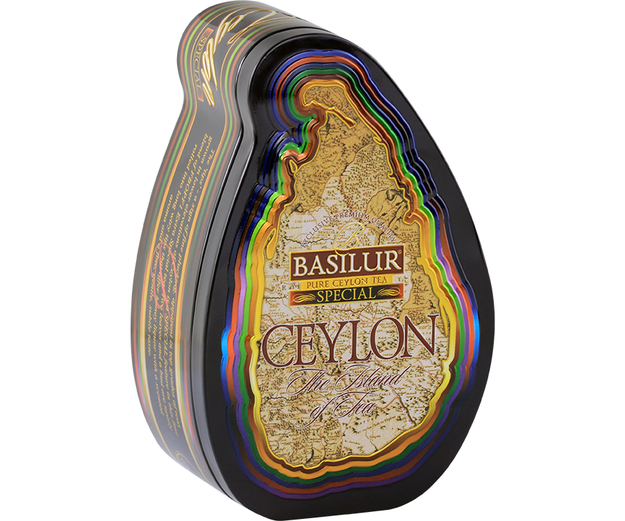 Basilur Special - czarna herbata cejlońska z delikatnymi herbacianymi listkami, bez dodatków. Ozdobna puszka z grafiką mapy.