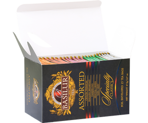 Basilur Specialty Classics Assorted - zestaw 5 smaków herbat cejlońskich. 25 torebek kopertowych w ozdobnym pudełku z logo Basilur.