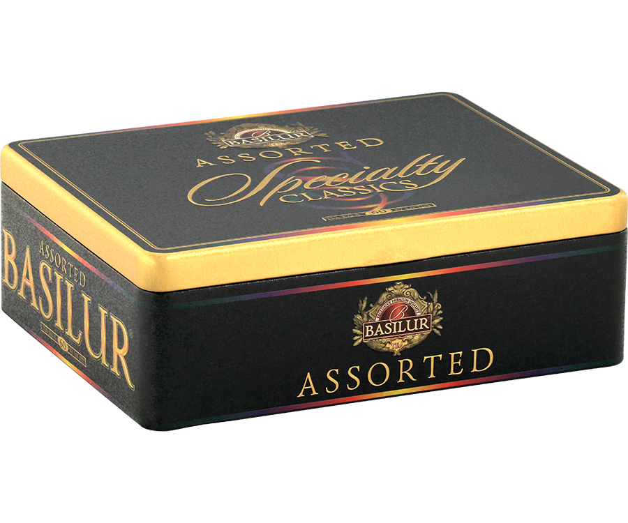 Basilur Specialty Classics Assorted - zestaw 6 smaków herbat cejlońskich w prezentowej, ozdobnej puszce. Zawiera 60 torebek w kopertach.