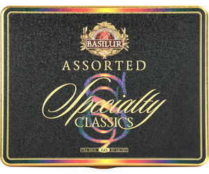 Basilur Specialty Classics Assorted - zestaw 6 smaków herbat cejlońskich w prezentowej, ozdobnej puszce. Zawiera 60 torebek w kopertach.