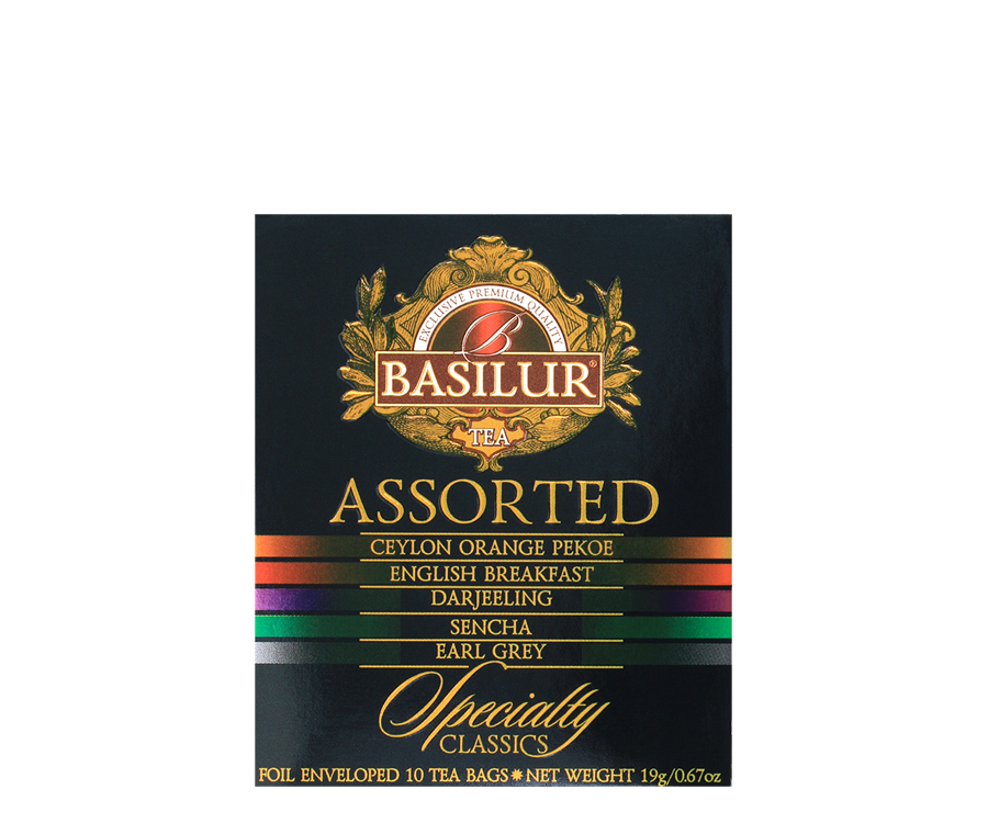 Basilur Specialty Classics - zestaw 5 smaków herbat z Cejlonu. 10 torebek w ozdobnym, czarnym pudełku z logo Basilur.