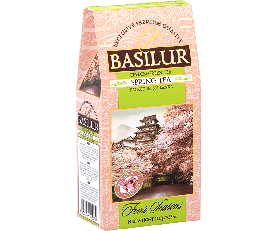 Basilur Spring Tea - zielona herbata cejlońska z dodatkiem ananasa, wiśni, chabru oraz aromatu wiśni. Różowe pudełko z wiosennym motywem.