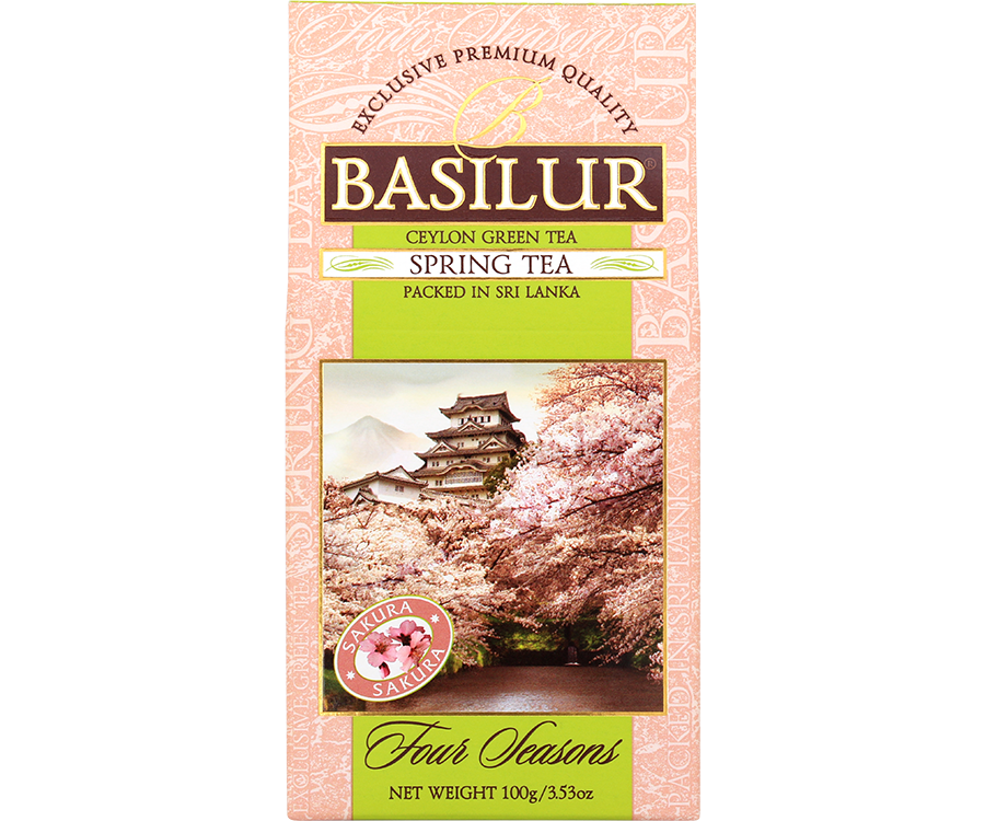 Basilur Spring Tea - zielona herbata cejlońska z dodatkiem ananasa, wiśni, chabru oraz aromatu wiśni. Różowe pudełko z wiosennym motywem.