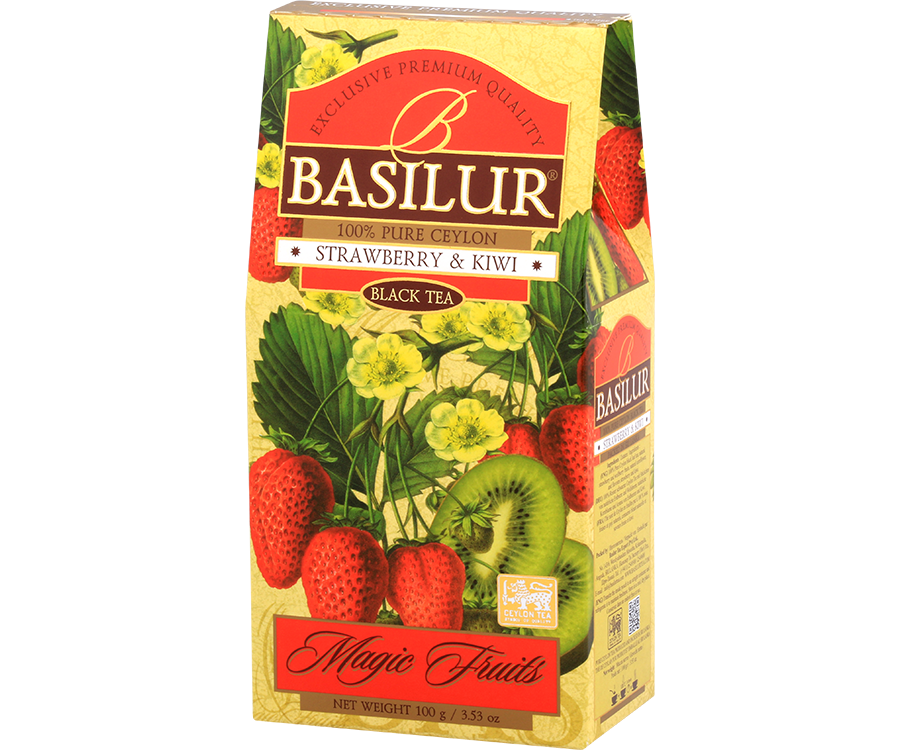 Basilur Strawberry & Kiwi - czarna herbata cejlońska z dodatkiem truskawki, owoców goji, bławatka oraz naturalnym aromatem truskawki i kiwi. Ozdobne opakowanie z owocowym motywem.