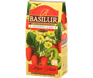 Basilur Strawberry & Kiwi - czarna herbata cejlońska z dodatkiem truskawki, owoców goji, bławatka oraz naturalnym aromatem truskawki i kiwi. Ozdobne opakowanie z owocowym motywem.