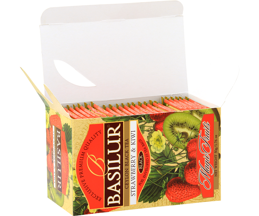 Basilur Strawberry & Kiwi - czarna herbata cejlońska z dodatkiem jabłka oraz aromatu truskawki i kiwi. Ozdobne opakowanie z owocowym motywem.