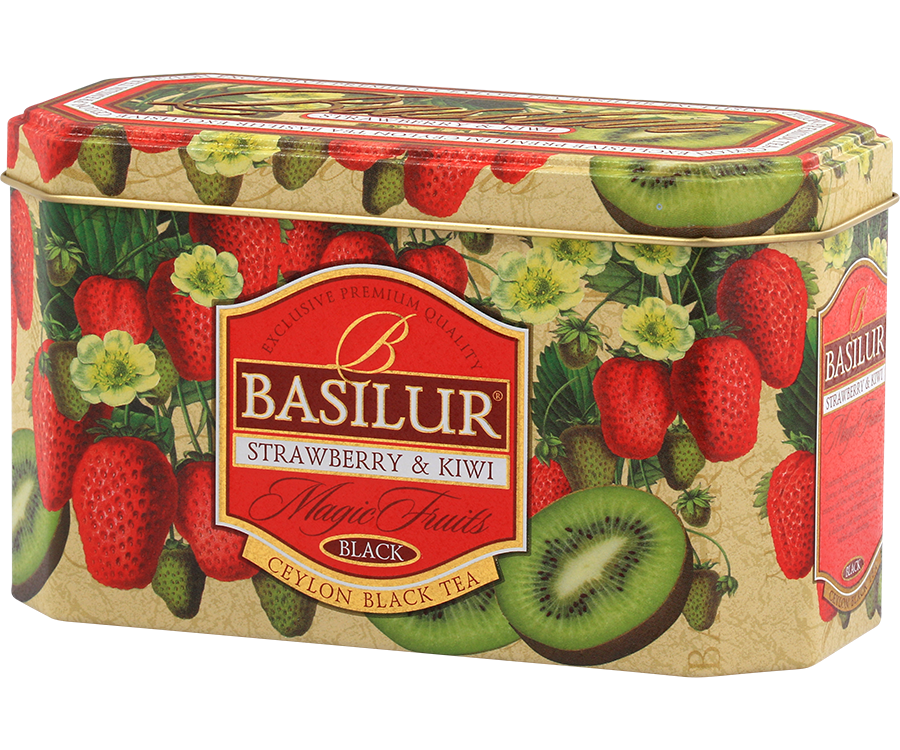 Basilur Strawberry & Kiwi - czarna herbata cejlońska z dodatkiem kiwi oraz naturalnym aromatem truskawki. Ozdobna puszka z motywem owoców.