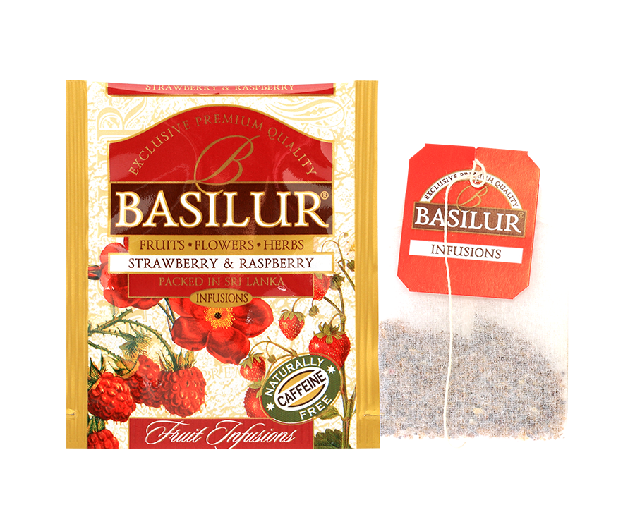 Basilur Strawberry&Raspberry- owocowa herbata bezkofeinowa z dodatkiem dzikiej róży, hibiskusa, pomarańczy, bazylii oraz aromatu truskawki, maliny i owoców tropikalnych. Ozdobne opakowanie z owocowo-kwiatowym motywem.