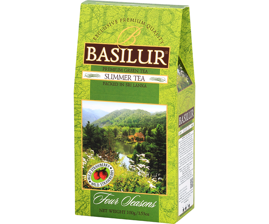 Basilur Summer Tea - zielona herbata cejlońska z dodatkiem zielonej herbaty z innych regionów, papai, poziomki, chabru, nagietka oraz aromatu poziomki. Zielone pudełko z letnim motywem.