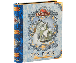 Basilur Tea Book Volume I mini - czarna herbata cejlońska z dodatkiem chabru, pąków jaśminu, niebieskiej malwy oraz aromatem prażonych migdałów. Zdobiona puszka w kształcie książki.
