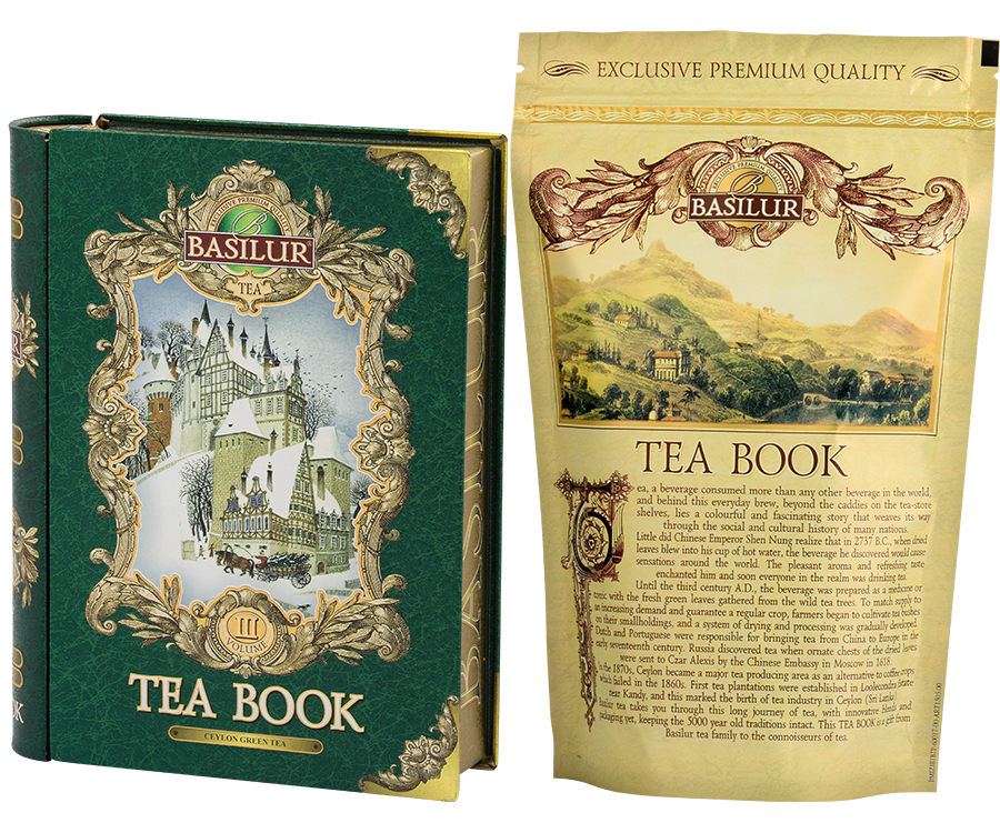 Basilur Tea Book Volume III - zielona herbata cejlońska z dodatkiem truskawki, żurawiny oraz aromatu melona kantalupa, marakui maliny i truskawki. Zdobiona puszka w kształcie książki. 