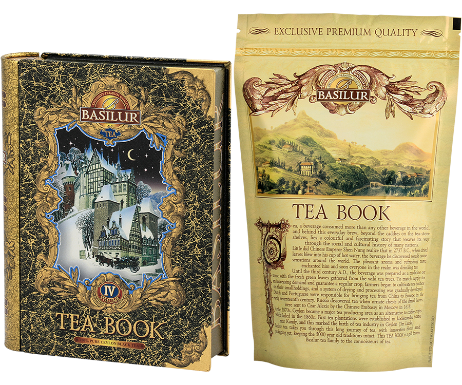Basilur Tea Book Volume IV - czarna herbata cejlońska skomponowana z młodych listków silver tips bez dodatków. Zdobiona puszka w kształcie książki. 
