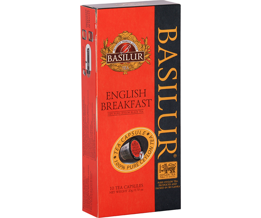 Basilur English Breakfast - czarna herbata cejlońska w kapsułkach Nespresso, Ozdobne, czerwone pudełko z logo Basilur.