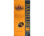 Basilur Mango & Pinapple - czarna herbata cejlońska z mango i ananasem w kapsułkach Nespresso, Ozdobne, żółte pudełko z logo Basilur.