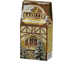 Basilur Tea House - czarna herbata z dodatkiem białego i niebieskiego chabru oraz aromatu brzoskwini i śmietanki. Ozdobne opakowanie z grafiką domku.