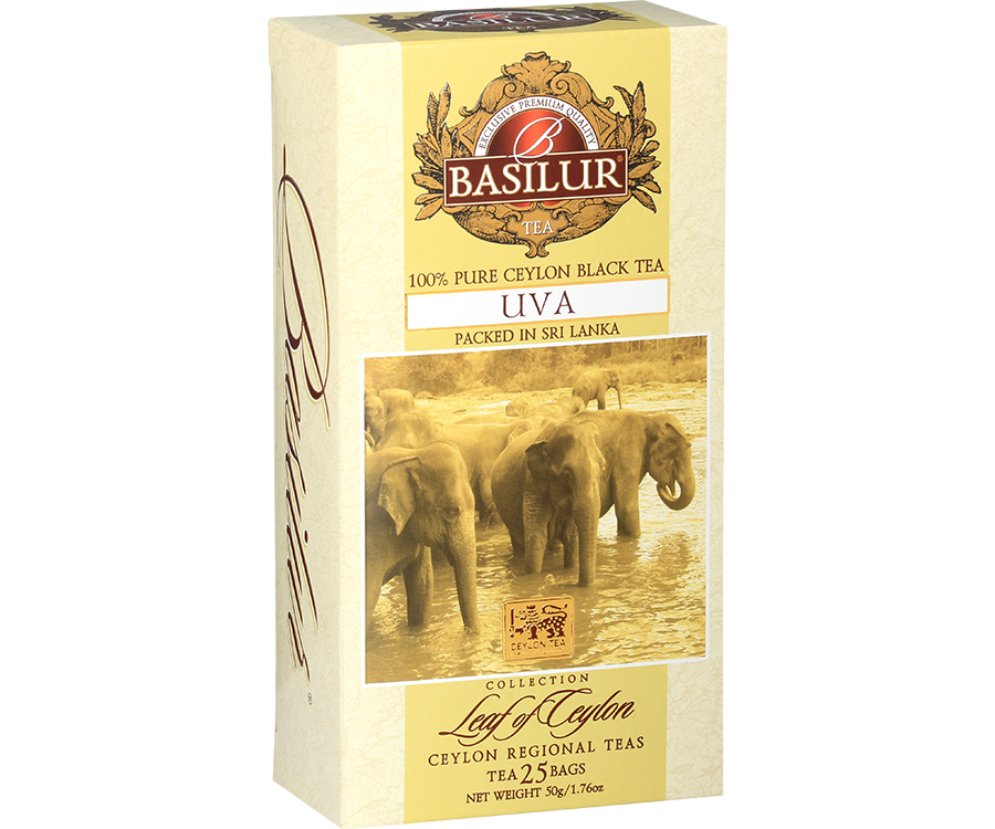 Basilur Uva - herbata czarna ekspresowa bez dodatków. Żółte, ozdobne pudełko z motywem słoni.