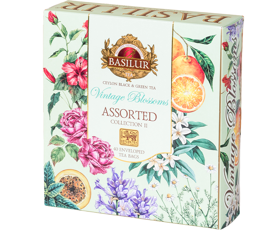 Basilur Vintage Blossoms Assorted – zestaw 4 smaków herbat z kolekcji Vintage Blossoms zapakowanych pojedynczo w ozdobne koperty. Prezentowe pudełko z kwiatowym motywem.