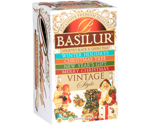 Basilur Vintage Style Assorted – zestaw 4 smaków herbat cejlońskich z kolekcji Vintage Style. Ozdobne pudełko ze świątecznym motywem.