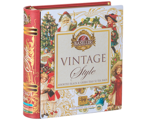 Basilur Vintage Style Assorted – zestaw świątecznych herbat w saszetach. Metalowa puszka ze świątecznym motywem w stylu vintage.