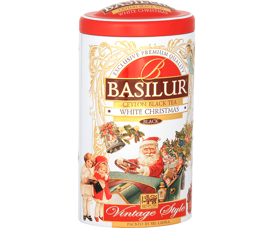 Basilur White Christmas - czarna herbata cejlońska z dodatkiem ananasa, cynamonu, płatków białego chabru oraz aromatu kremu cynamonowego. Ozdobna puszka ze świątecznym motywem.