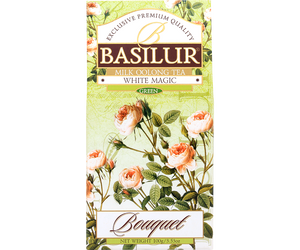 Basilur White Magic - zielona herbata cejlońska zmieszana z herbatą Milk Oolong z dodatkiem aromatu mleka. Zielone pudełko z kwiatowym motywem.
