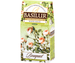 Basilur White Magic - zielona herbata cejlońska zmieszana z herbatą Milk Oolong z dodatkiem aromatu mleka. Zielone pudełko z kwiatowym motywem.