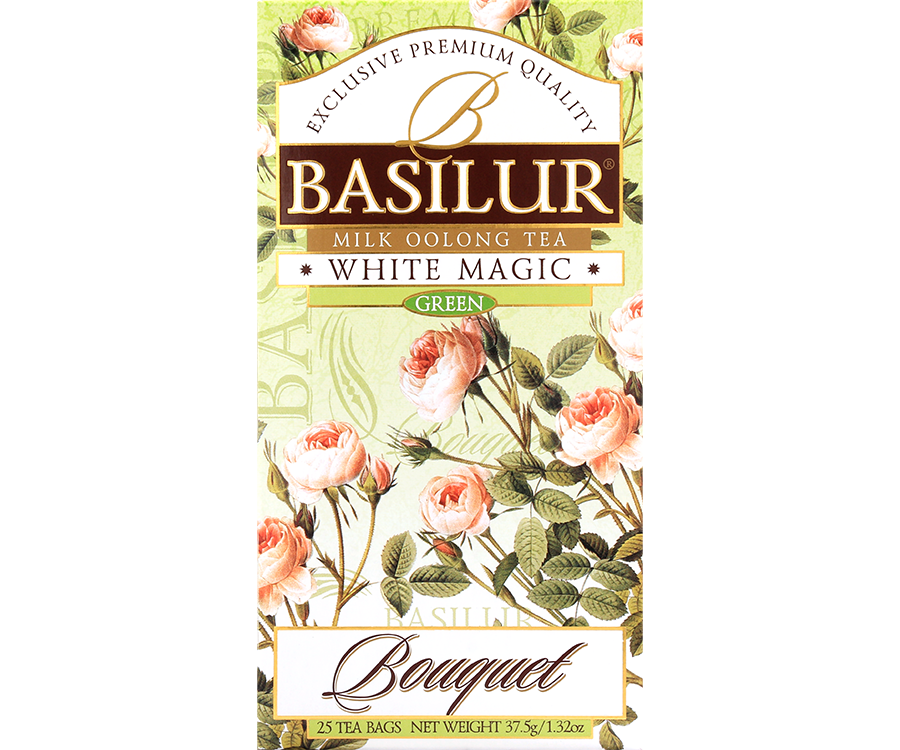Basilur White Magic - herbata półfermentowana oolong z dodatkiem mlecznego aromatu. Zielone pudełko z botanicznym motywem. 