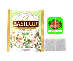 Basilur White Magic - herbata półfermentowana oolong z dodatkiem mlecznego aromatu. Zielone pudełko z botanicznym motywem.