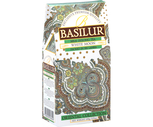 Basilur White Moon - liściasta herbata zielona Milk Oolong z mlecznym aromatem. Białe pudełko z orientalnym motywem. 