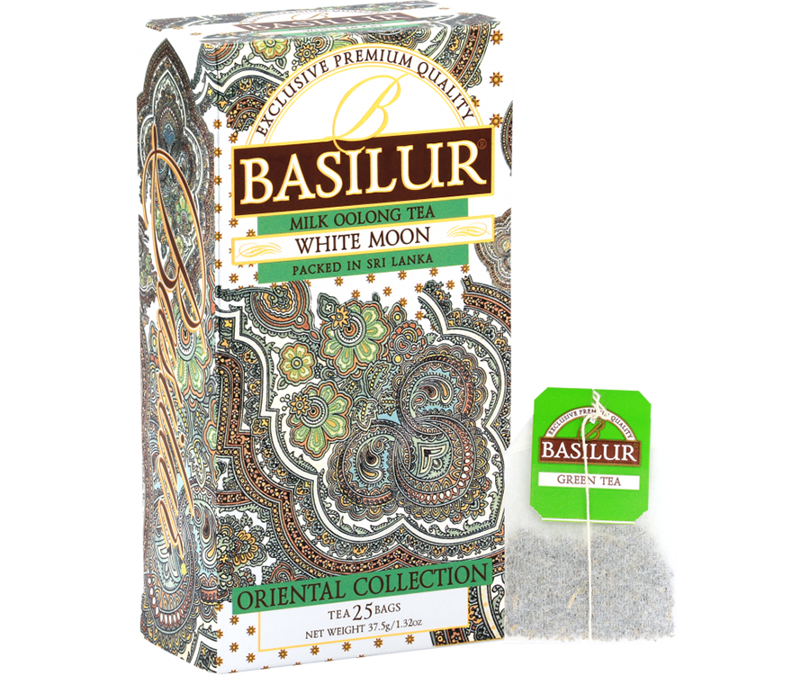 Basilur White Moon - herbata zielona z herbatą Milk Oolong i aromatem mleka w ekspresowych torebkach. Ozdobne, białe pudełko z orientalnym motywem.