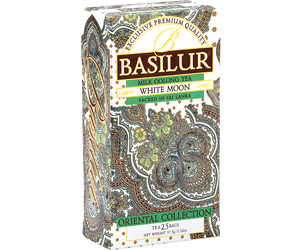 Basilur White Moon - herbata zielona z herbatą Milk Oolong i aromatem mleka w ekspresowych torebkach. Ozdobne, białe pudełko z orientalnym motywem.